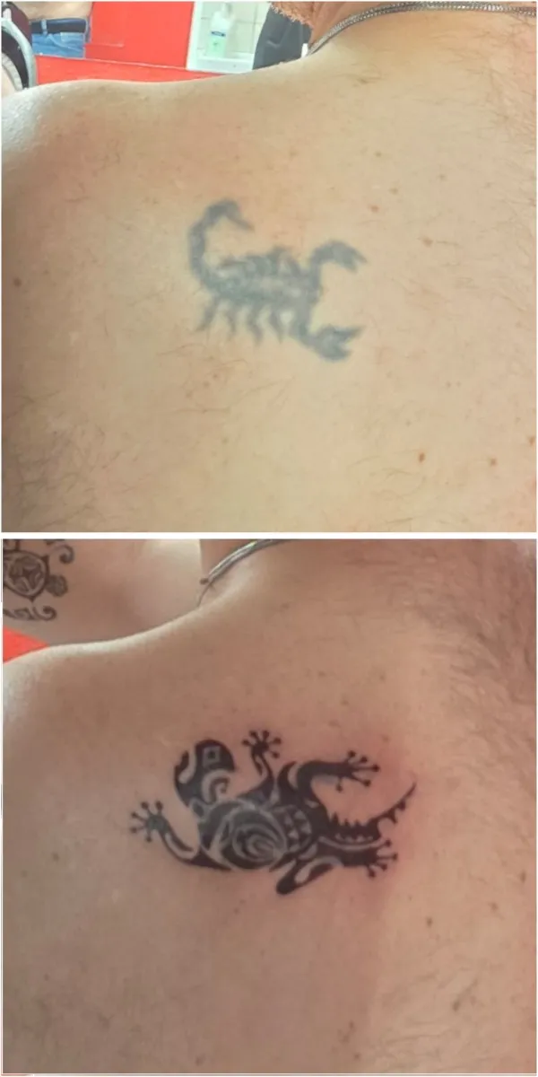 Small scorpion to lizard tattoo coverup