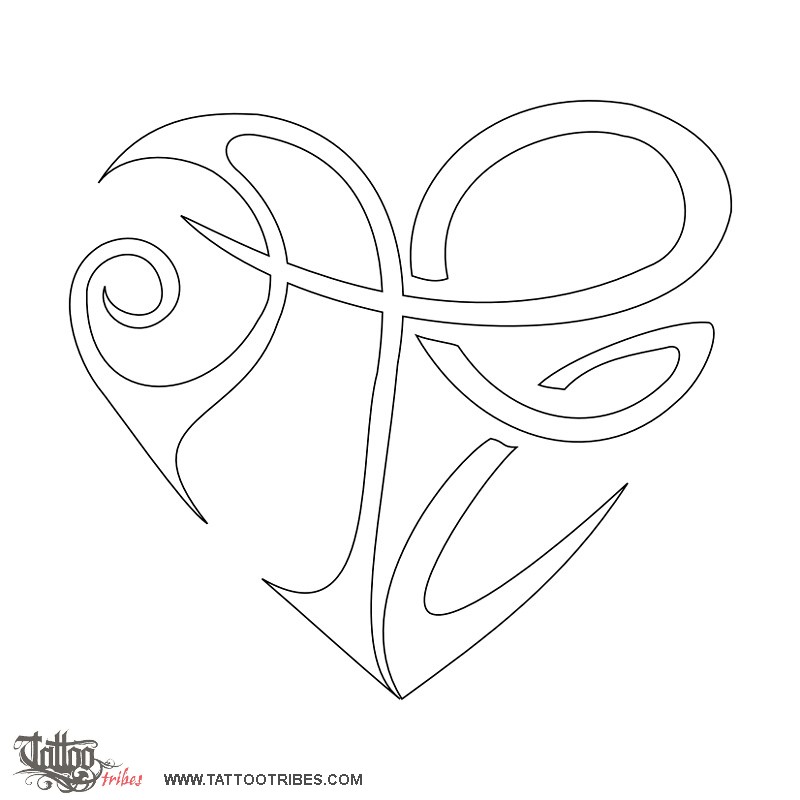 Stencil outline of A+E heart, Union, love downloadable hi-res tattoo stencil