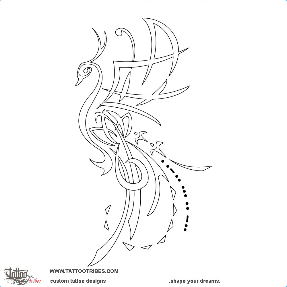Stencil outline of E+H+A Phoenix, Rebirth downloadable hi-res tattoo stencil