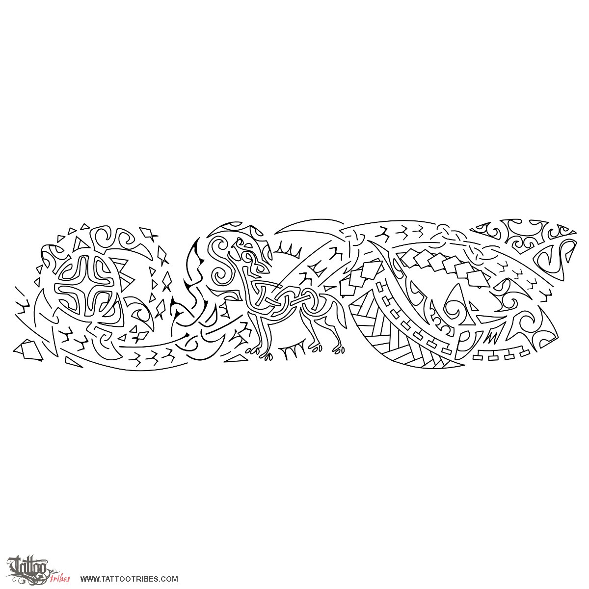 Stencil outline of Poly-Celtic, Wolf and fire downloadable hi-res tattoo stencil