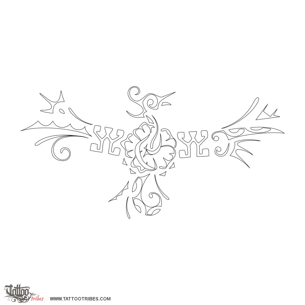 Stencil outline of Phoenix hibiscus, New life downloadable hi-res tattoo stencil