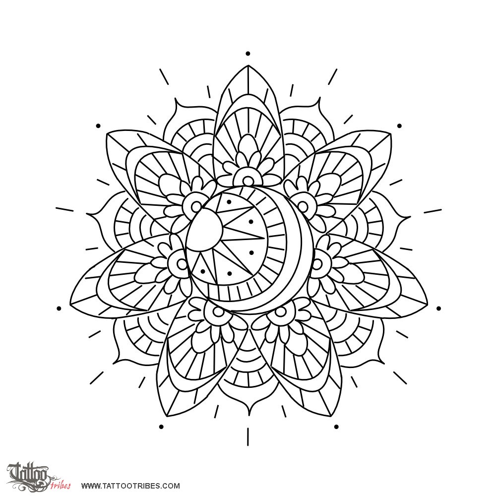 Stencil outline of Mehndi sun, Life, joy downloadable hi-res tattoo stencil