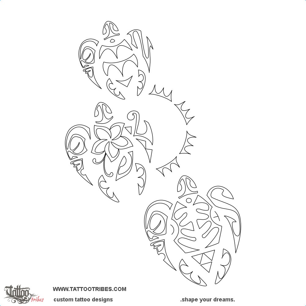 Stencil outline of Toó Toru Honu, Three turtles downloadable hi-res tattoo stencil