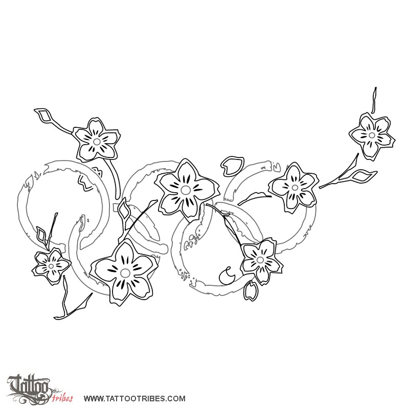 Stencil outline of Olympic blossoms, Cherry blossoms downloadable hi-res tattoo stencil