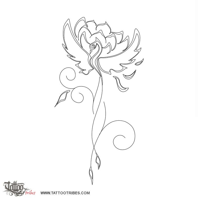 Stencil outline of Phoenix and lotus, Rebirth, healing downloadable hi-res tattoo stencil