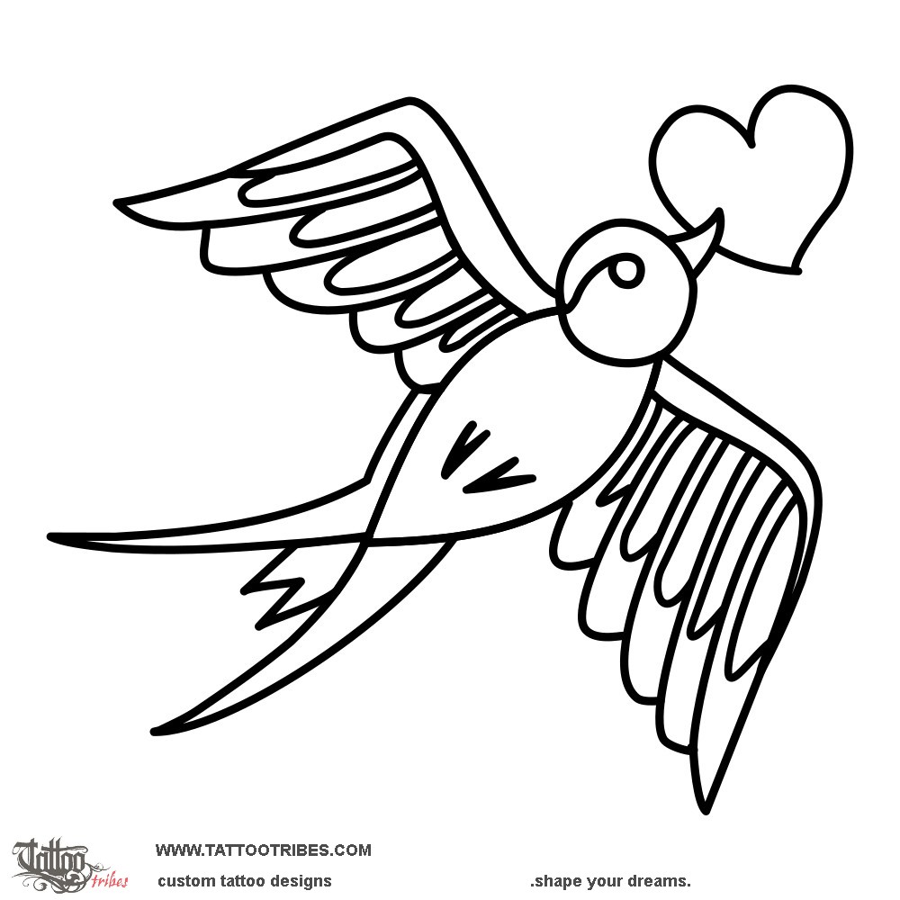 Stencil outline of Swallow and heart, Love downloadable hi-res tattoo stencil