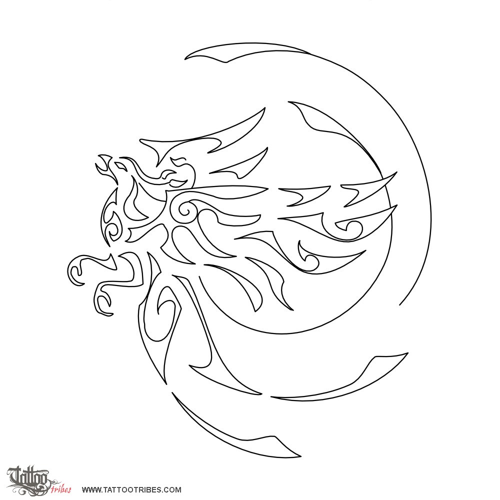 Stencil outline of Phoenix, Spiral downloadable hi-res tattoo stencil