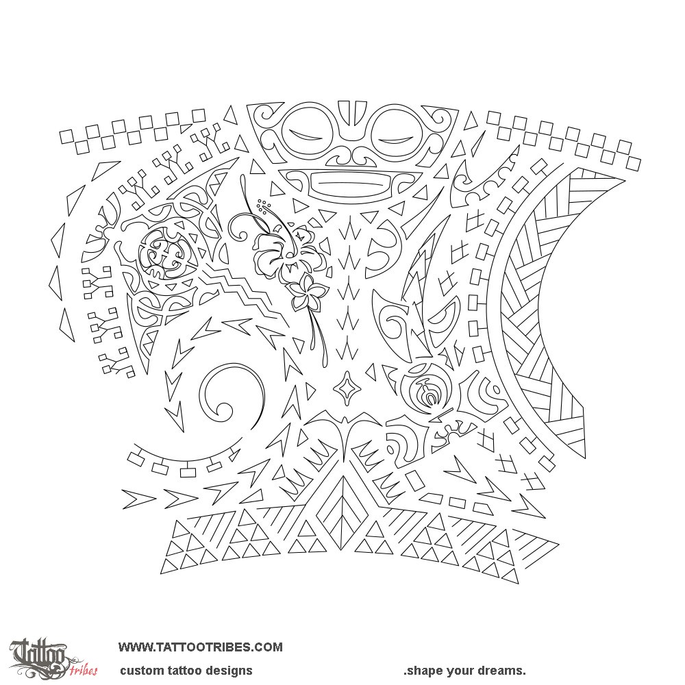 Stencil outline of Koa wahine sleeve, Warrior woman downloadable hi-res tattoo stencil