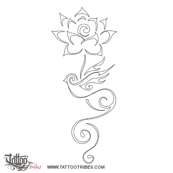 Stencil outline of Lotus and swallow, Return home downloadable hi-res tattoo stencil