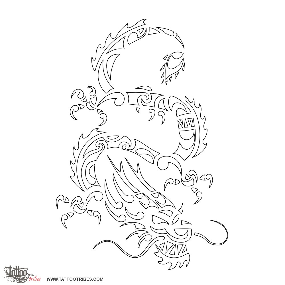 Stencil outline of Polynesian Dragon, Power, protection downloadable hi-res tattoo stencil