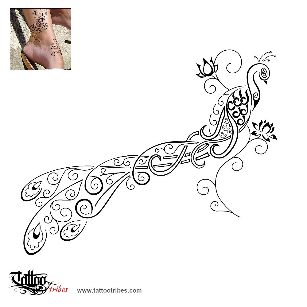 Tattoo image of Peacock and lotus flowers, Beauty, rebirth downloadable hi-res tattoo flash design