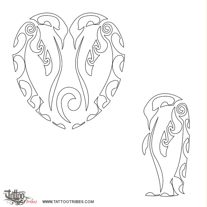 Stencil outline of Emperor penguins, Devotion downloadable hi-res tattoo stencil