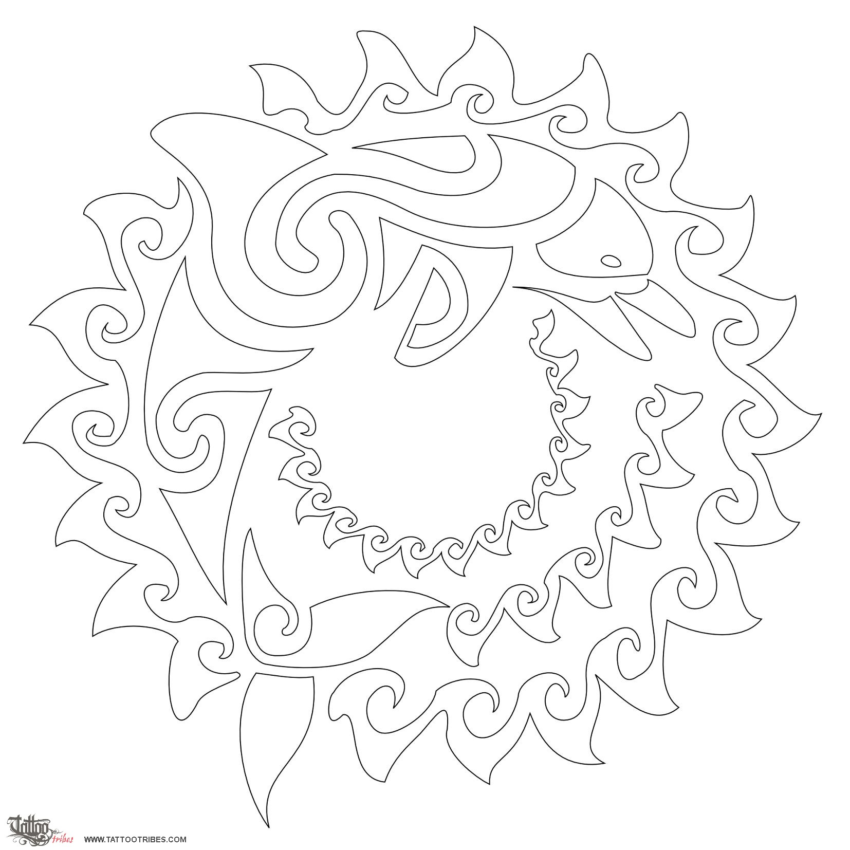 Stencil outline of Sun and dolphin, Joy, positiveness downloadable hi-res tattoo stencil