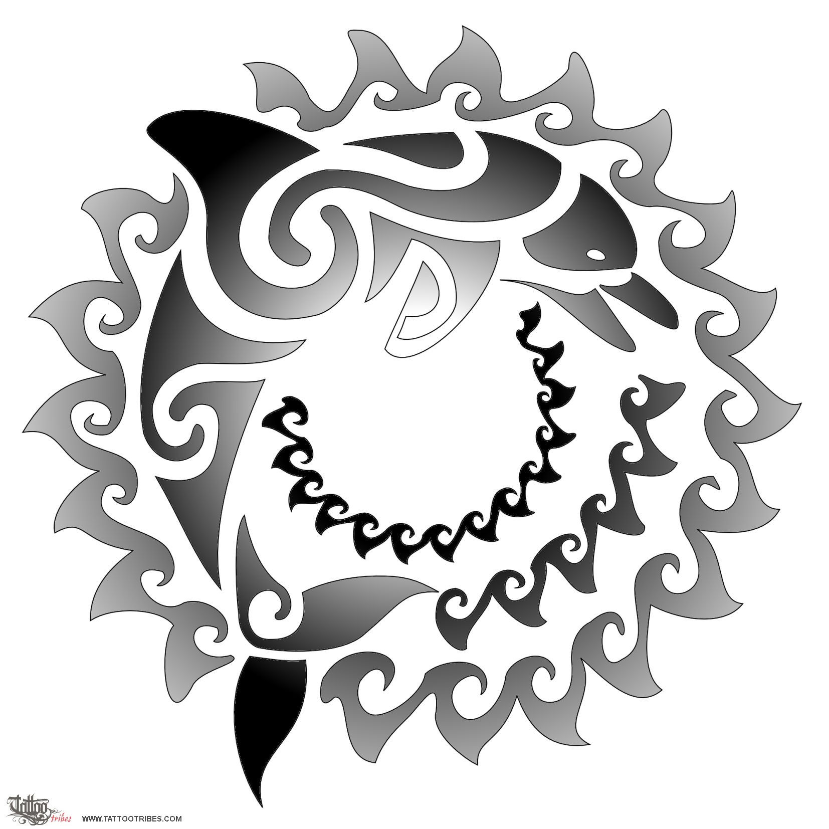 Tattoo image of Sun and dolphin, Joy, positiveness downloadable hi-res tattoo flash design