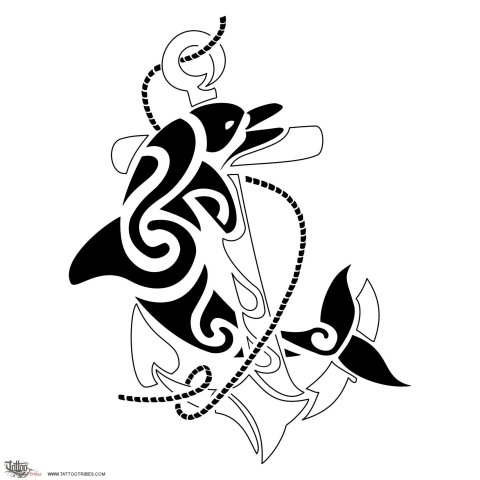Anchor and dolphin (Sea lover, joy) tattoo design thumbnail