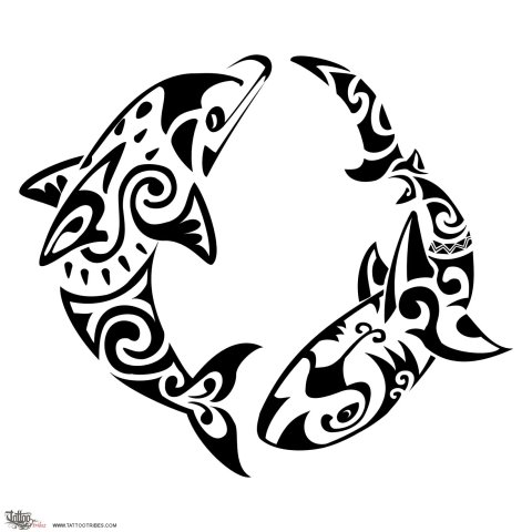 Dolphin and shark (Harmony, protection) tattoo design thumbnail