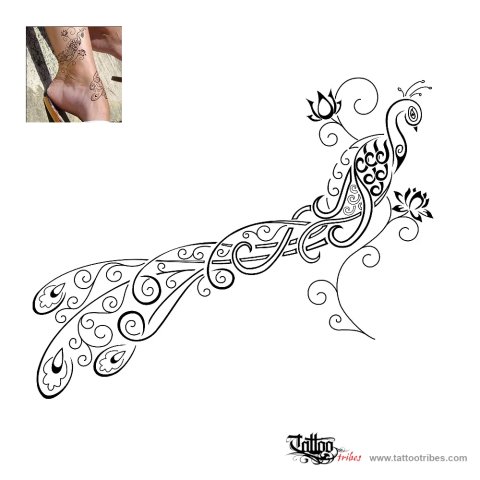 Peacock and lotus flowers (Beauty, rebirth) tattoo design thumbnail
