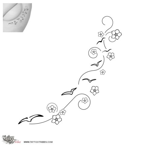 Seagulls and forget-me-not (Freedom, love) tattoo design thumbnail