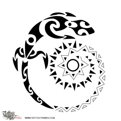Lizard and spiral sun (Lucky life) tattoo design thumbnail