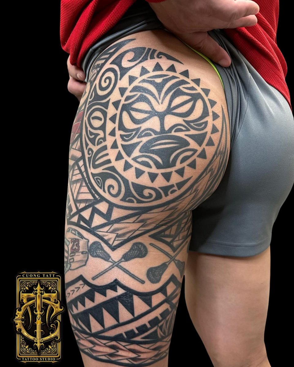 Cuong - sunmoon tattoo Polynesian leg piece: inked placement tattoo photo