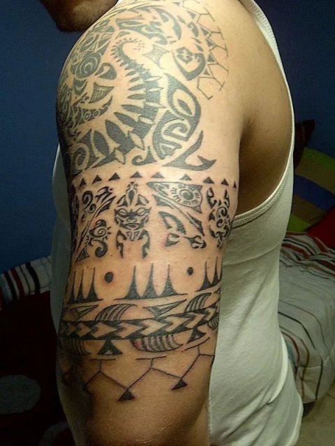 Emile - Polynesian arm: real inked placement tattoo photo thumbnail