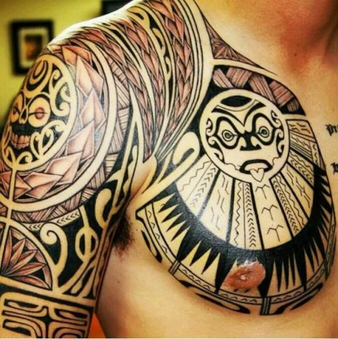 Guest - Polynesian chest and arm: real inked placement tattoo photo thumbnail