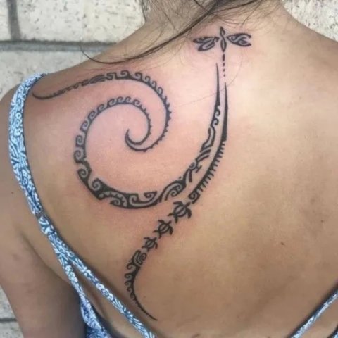 Jessica - SN dragonfly Polynesian: real inked placement tattoo photo thumbnail