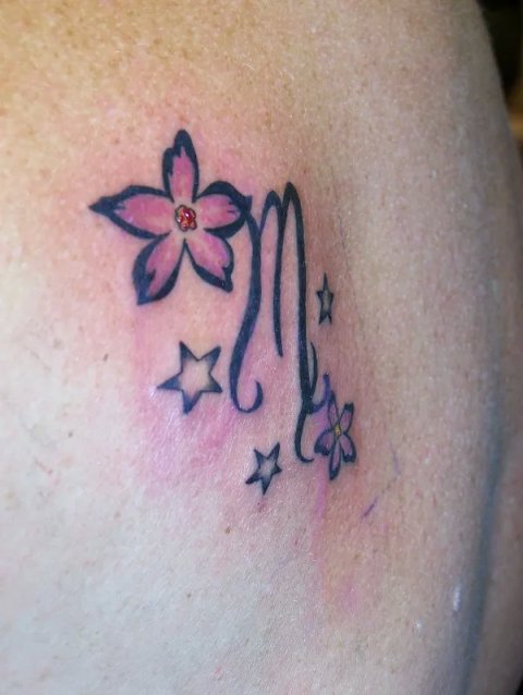 Marilyn - Virgo zodiac with flowers: real inked placement tattoo photo thumbnail