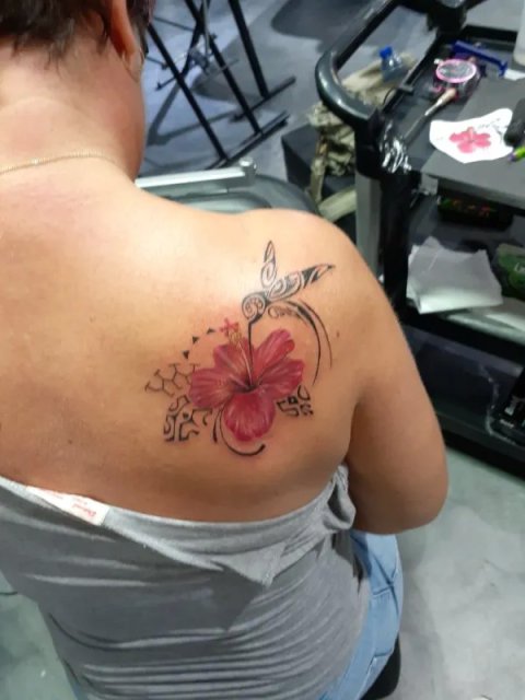 Michaela - Hummingbird & hibiscus: real inked placement tattoo photo thumbnail
