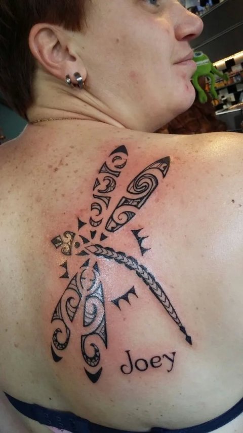 Natascha - JMP dragonfly: real inked placement tattoo photo thumbnail