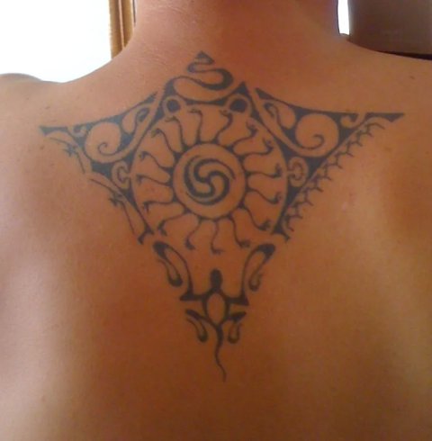 Peter - Maori upper back: real inked placement tattoo photo thumbnail