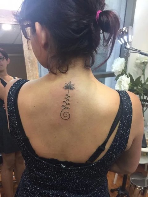Rocio - Unalome lotus: real inked placement tattoo photo thumbnail