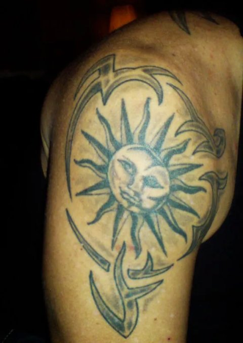 Stian - Tribal sun: real inked placement tattoo photo thumbnail