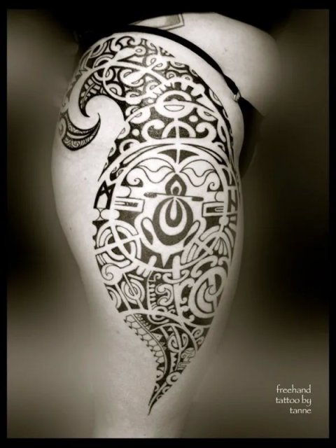 Tanne - Polynesian thigh: real inked placement tattoo photo thumbnail