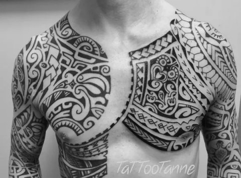 Tanne - Polynesian chest and sleeves: real inked placement tattoo photo thumbnail