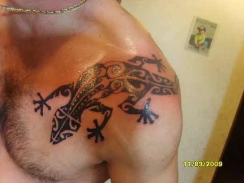 Tattoo H2O - Maori lizard: real inked placement tattoo photo thumbnail