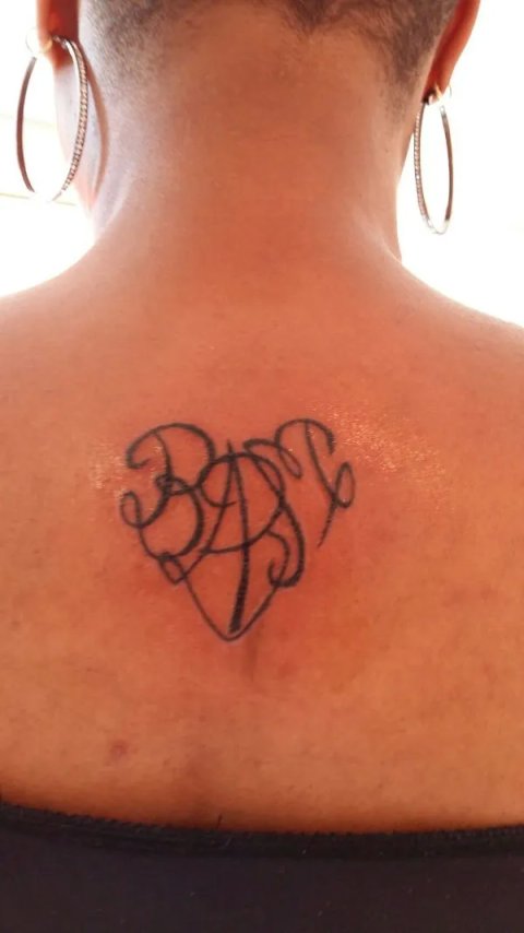 Marie-Louise - B+A+B+M heart: real inked placement tattoo photo thumbnail